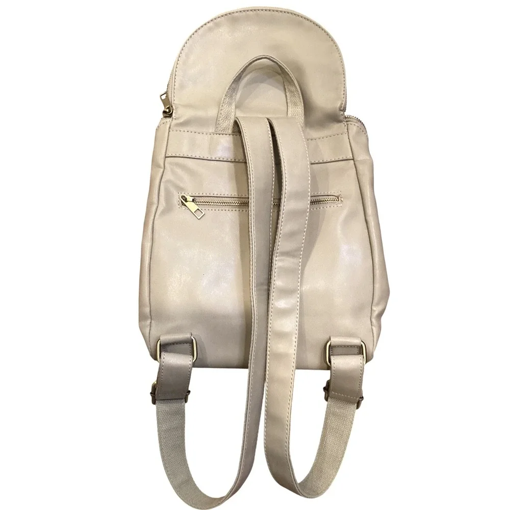 Joy Susan Taupe Vegan Leather Backpack Floral Lining Small Travel Bag Gray Zip